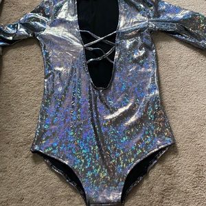 NEW Silver Festival Holographic Monochrome Bodysuit Rave One Piece M